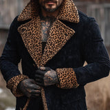 Men's Vintage Suede Stitching Leopard Print Fur Collar Short Coat 02531960Y