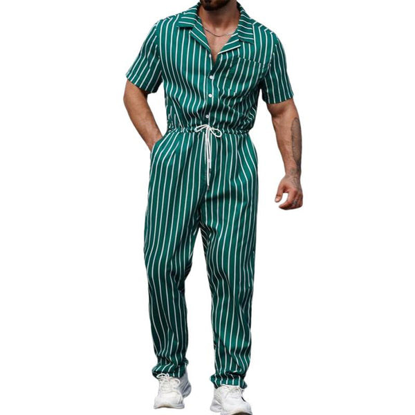 Men's Striped Lapel Short Sleeve Chest Pocket Jumpsuit 97386844Z