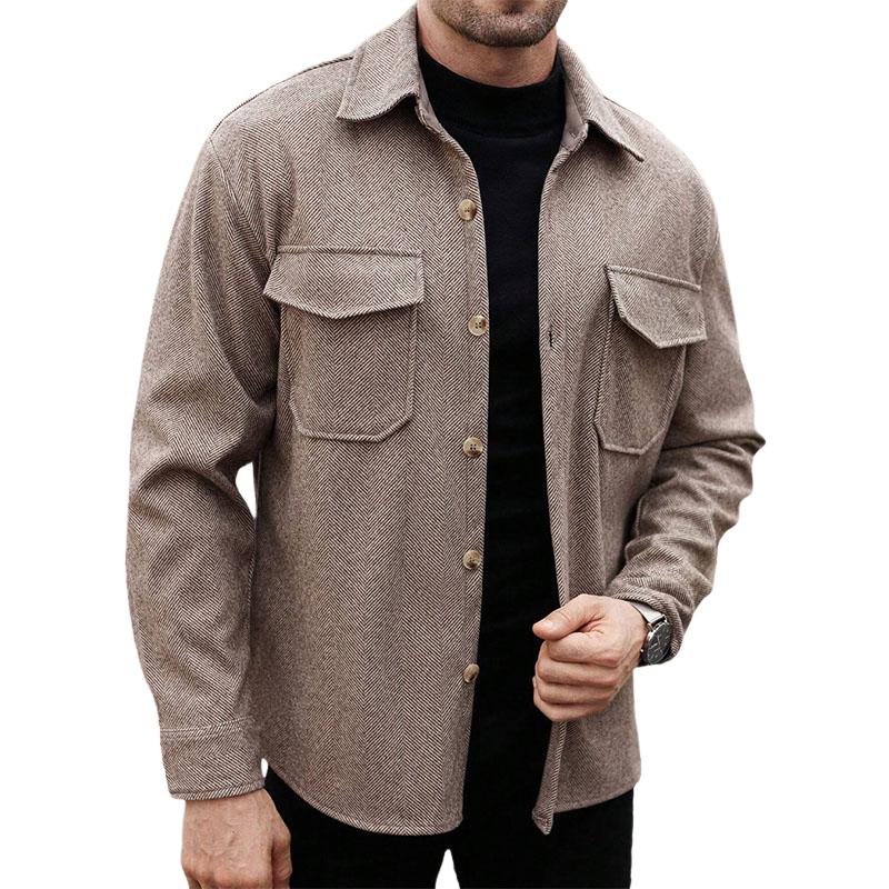 Men's Casual Herringbone Pattern Lapel Loose Chest Pocket Shirt 19600523M