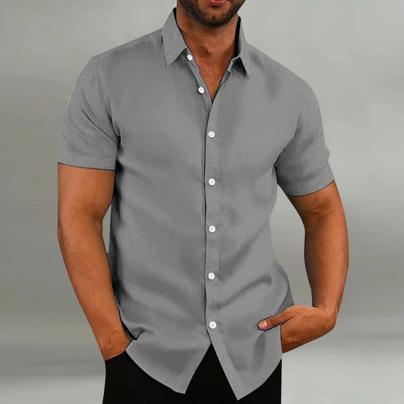 Men's Casual Cotton Linen Loose Lapel Slim Fit Short-sleeved Shirt 21811775M