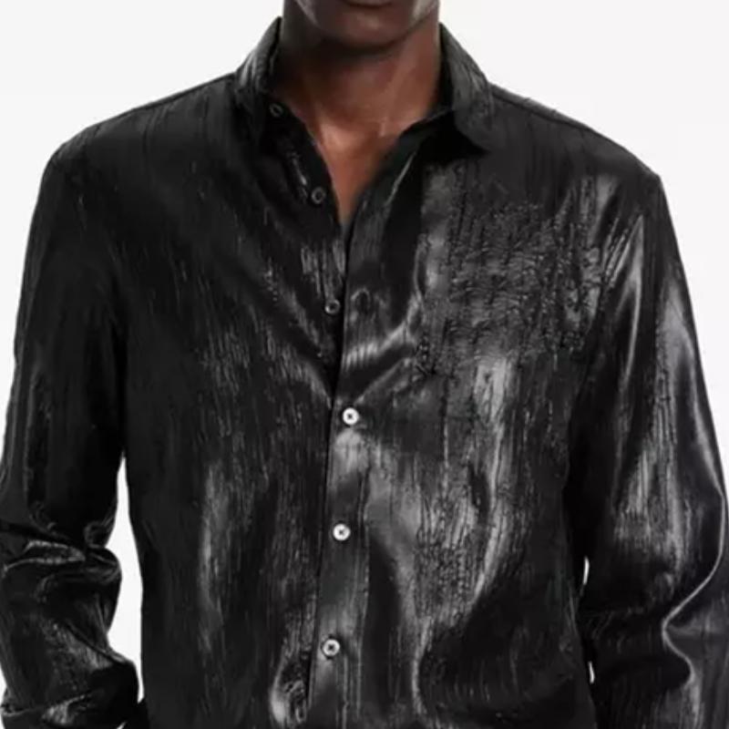 Men's Casual Fashionable Textured Leather Long Sleeve Shirt 46353500K