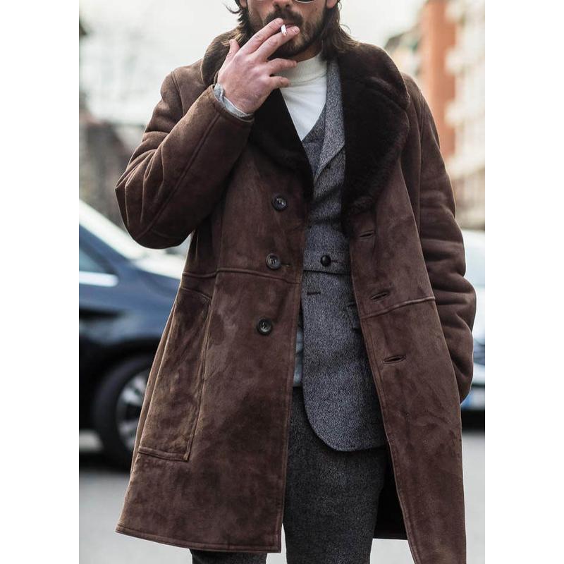 Men's Vintage Suede Stitching Fur Collar Mid-Length Coat 96124930Y