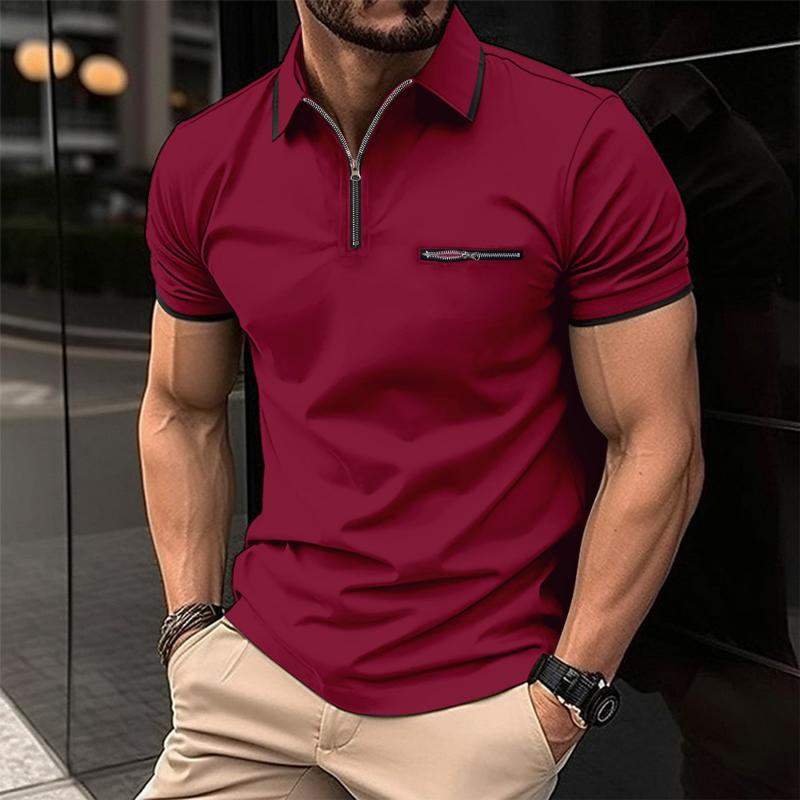 Men's Color Block Zip Short Sleeve Polo Shirt 90620666Y