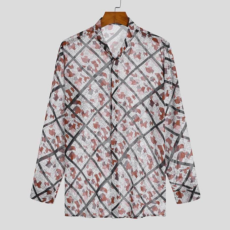 Men's Lapel Long Sleeve Print Transparent Shirt 09427485Z