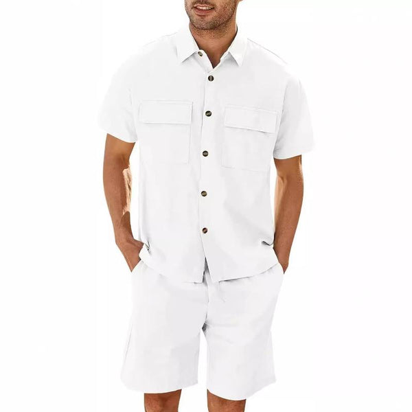 Men's Casual Solid Color Cargo Short Sleeved Shirt And Shorts Set 50375509Y