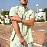 Men's Casual Cotton Linen Stand Collar Patch Pocket Short Sleeve Shirt 22155118M