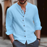 Men's Casual Cotton and Linen Solid Color Long Sleeve Shirt 26552389Y