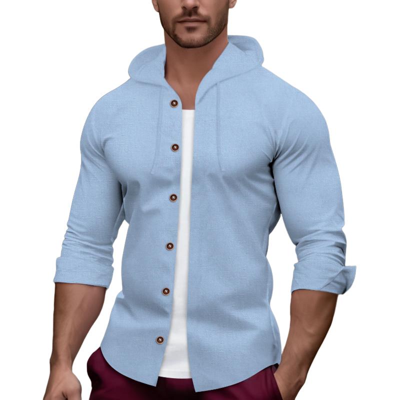 Chemise à manches longues à capuche en coton et lin de couleur unie pour hommes 78335648Z