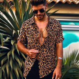 Men's Fashion Leopard Print Lapel Loose Short Sleeve Shirt 25338773M