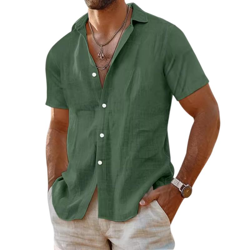 Men's Casual Cotton Linen Solid Color Lapel Slim Short Sleeve Shirt 40996443M