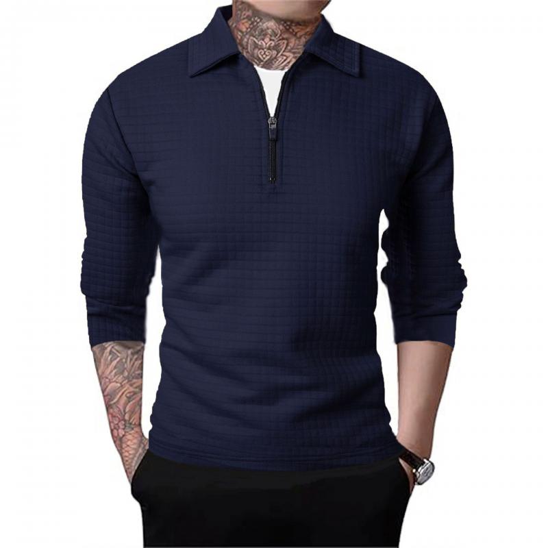 Men's Waffle Solid Half Zip Long Sleeve Lapel Sweatshirt 87830932Y