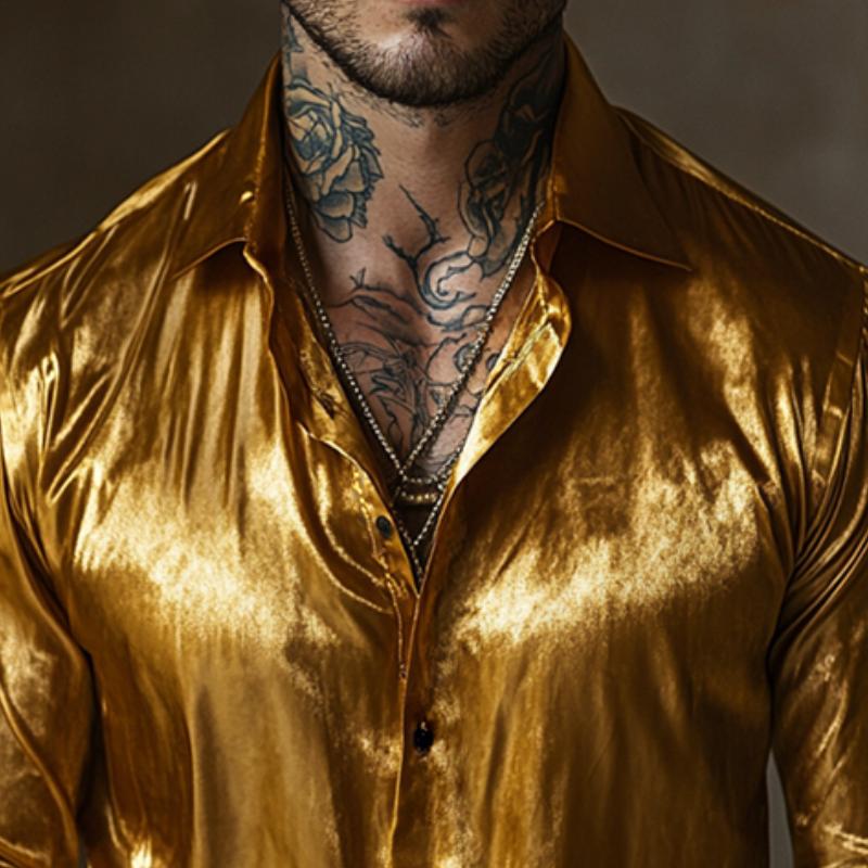 Men's Retro Casual Gold Velvet Lapel Long Sleeve Shirt 35471815TO