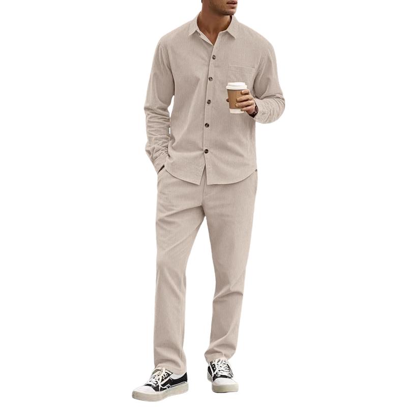 Men's Casual Corduroy Lapel Long-sleeved Shirt and Trousers Set 55408423F