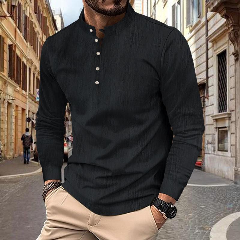 Men's Solid Cotton And Linen Henley Collar Long Sleeve Casual Shirt 47763988Z