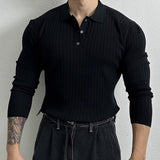 Men's Solid Striped Lapel Long Sleeve Casual Polo Shirt 78081957Z