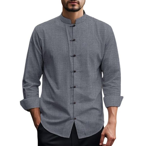 Men's Solid Color Stand Collar Button-Down Long Sleeve Shirt 15398566Y