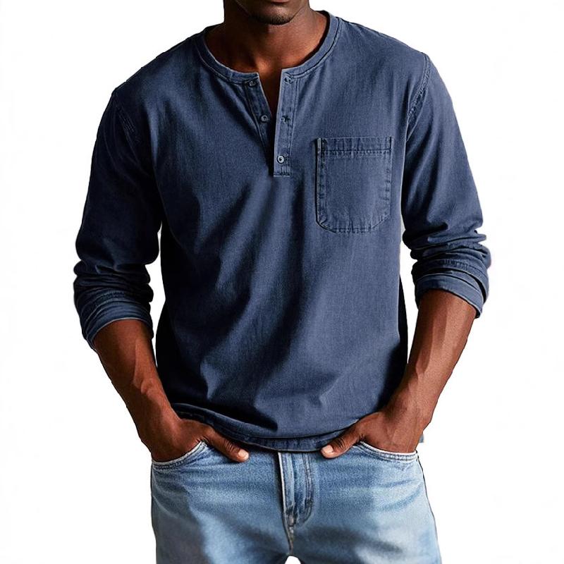 Men's Vintage Washed Henley Collar Long Sleeve T-Shirt 34795870X