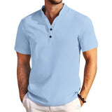 Men's Casual Cotton Linen Blend Henley Collar Short Sleeve Shirt 24699260M