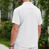 Men's Cotton And Linen Solid Color Stitching Stand Collar Short Sleeve Shirt 14421959Y