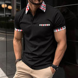 Men's Plaid Stitching Lapel Short Sleeve Casual Polo Shirt 96501413Z