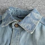 Men's Vintage Washed Cashew Flower Embroidery Long Sleeve Denim Shirt 40220583M