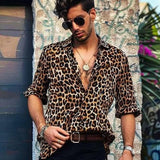 Men's Fashion Leopard Print Lapel Loose Long Sleeve Shirt 79260075M