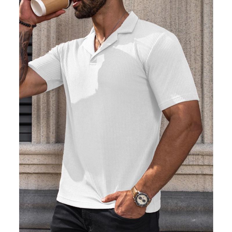 Men's Solid Color Vertical Striped Lapel Short-Sleeved Polo Shirt 60190992Y