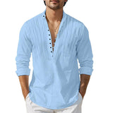 Men's Casual Cotton Linen Pleated Slim Long Sleeve Pullover Shirt 73778628M