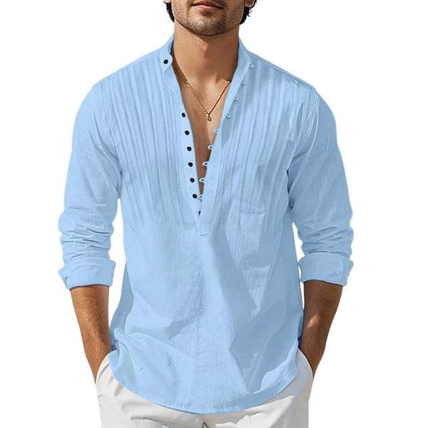 Men's Casual Cotton Linen Pleated Slim Long Sleeve Pullover Shirt 73778628M