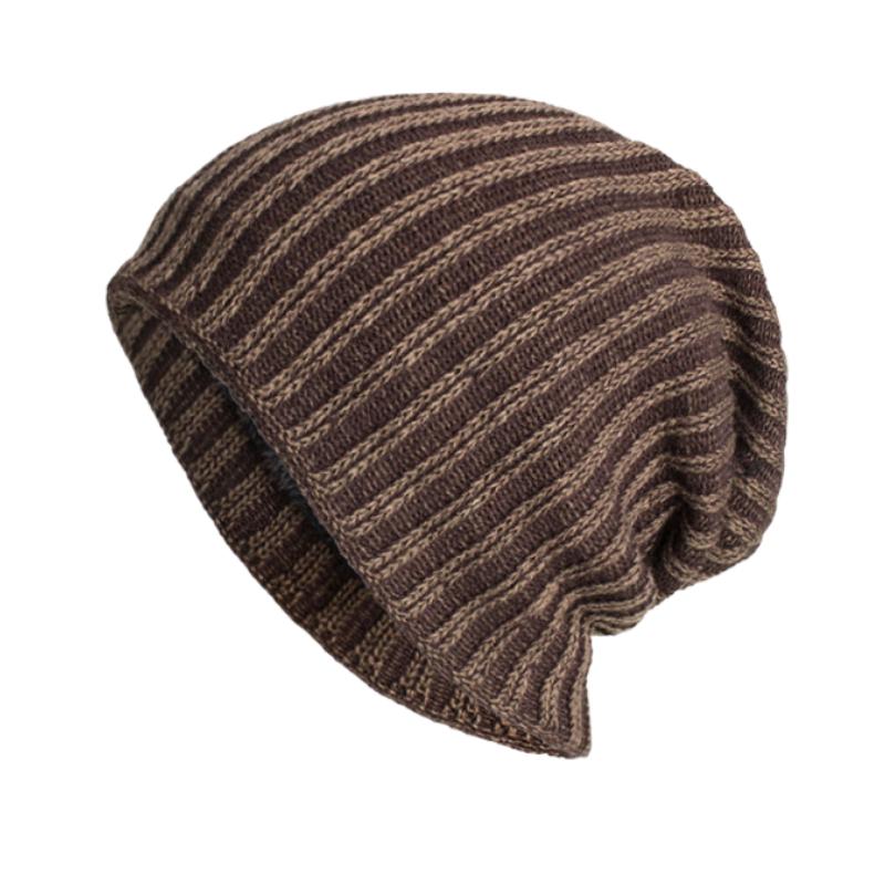 Men's Retro Two-tone Vertical Stripes Cable Flannel Lining Warm Knitted Hat 91885808Y