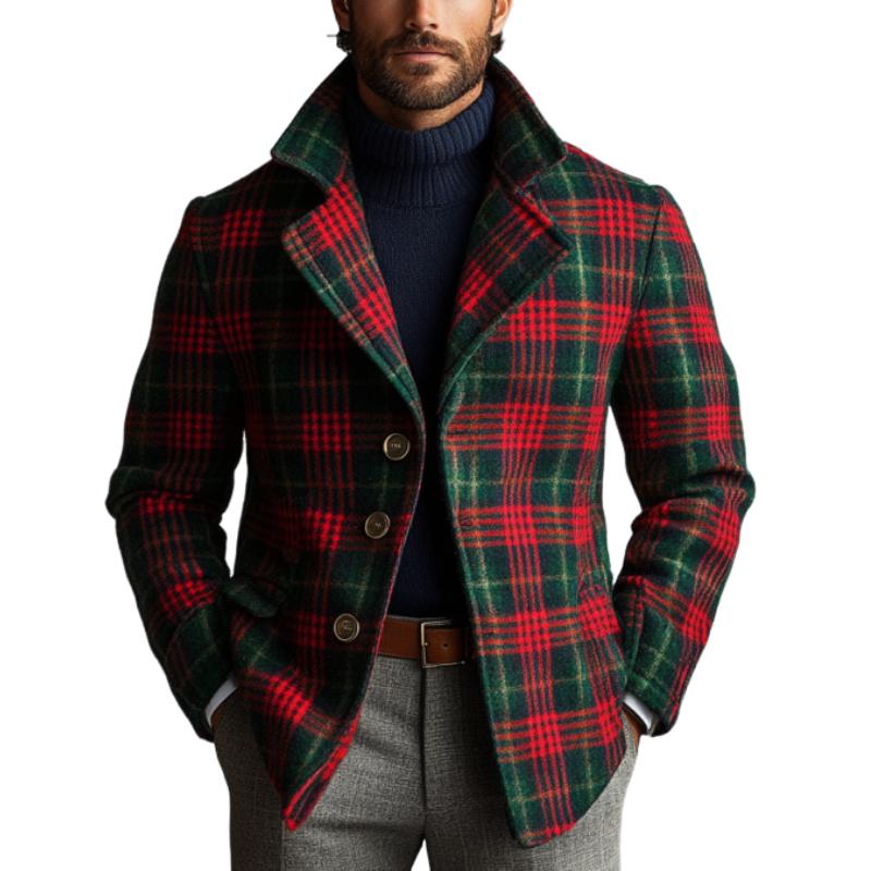 Men's Vintage Christmas Colorblock Plaid Print Tweed Lapel Single-Breasted Blazer 03792919Y