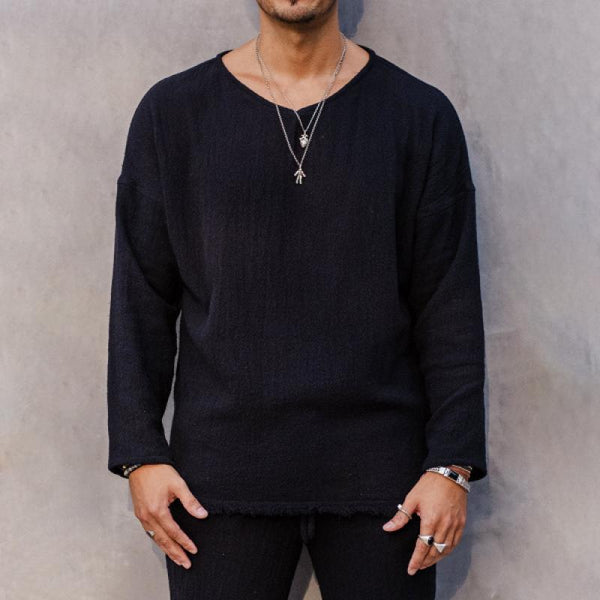 Men's Loose Casual Round Neck Long Sleeve Raw Edge T-shirt 92240382Z