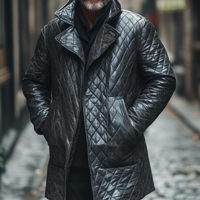 Men's Classic Lapel Mid-Length Quilted Leather Coat 12651111F