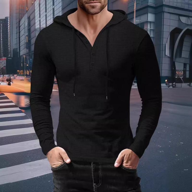 Men's Casual Solid Color Waffle Slim Long Sleeve Hoodie 06245850M