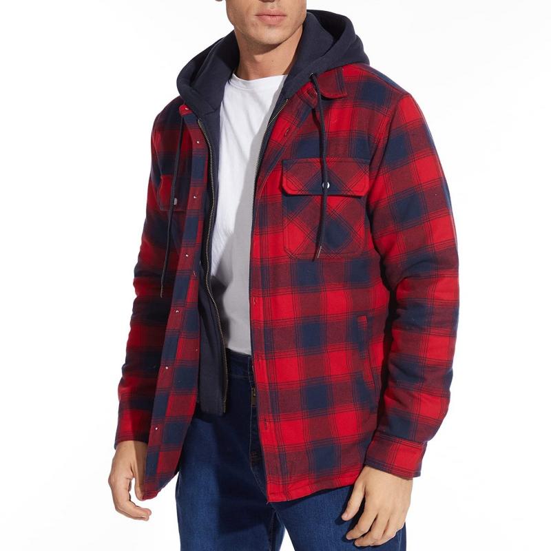 Men's Classic Casual Hood With Detachable Thick Cotton Plaid Zipper Hooded Jacket 72118581K