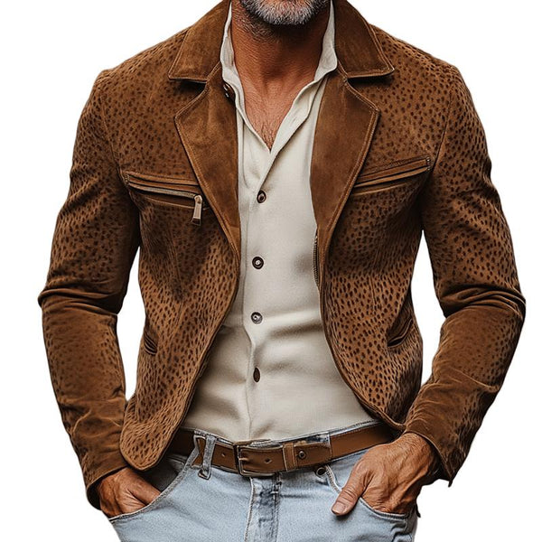 Men's Vintage Leopard Suede Lapel Multi-pocket Slim Jacket 11073279Z