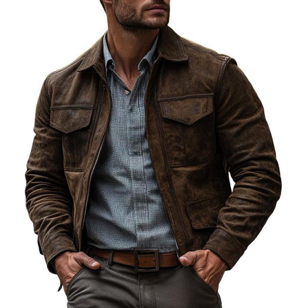 Men's Classic Lapel Multi-Pocket Leather Jacket 92098402F