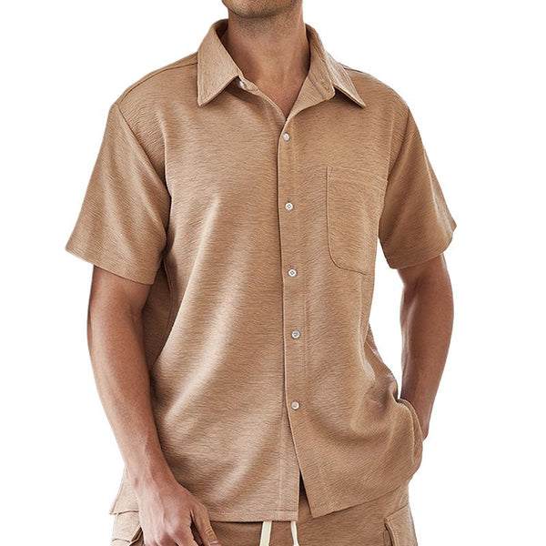 Men's Solid Color Textured Lapel Short Sleeve Shirt 84575078Z