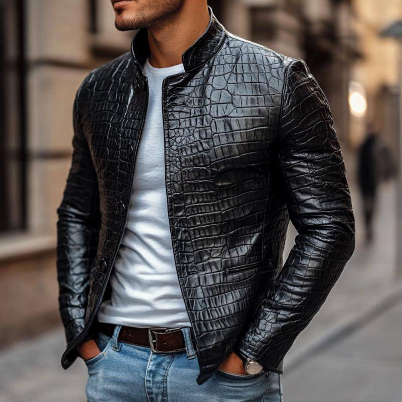 Men's Fashion Crocodile Leather Stand Collar Single Breasted Slim Fit Jacket 22007630M