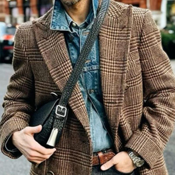 Men's Vintage Check Peak Lapel Single Breasted Knee-Length Coat 33778558M