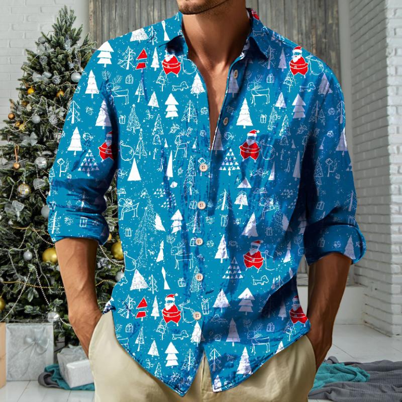 Men's Retro Casual Christmas Print Lapel Long Sleeve Shirt 10665197TO