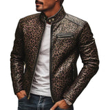 Men's Fashion Leopard Print Stand Collar Zipper Slim Fit Leather Jacket 82955739M