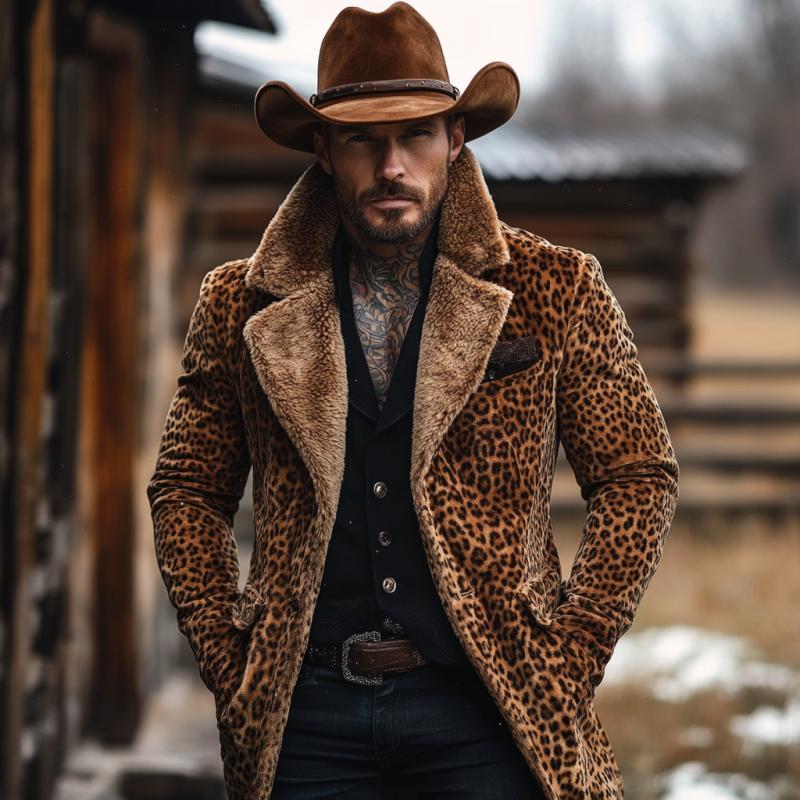 Men's Vintage Suede Leopard Print Patchwork Fur Collar Long Coat 92069190Y