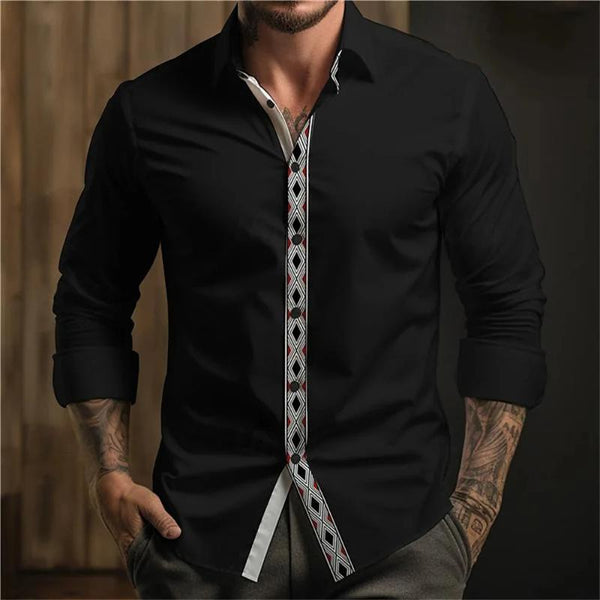 Men's Casual Retro Ethnic Style Geometric Print Lapel Long Sleeve Shirt 11987373TO