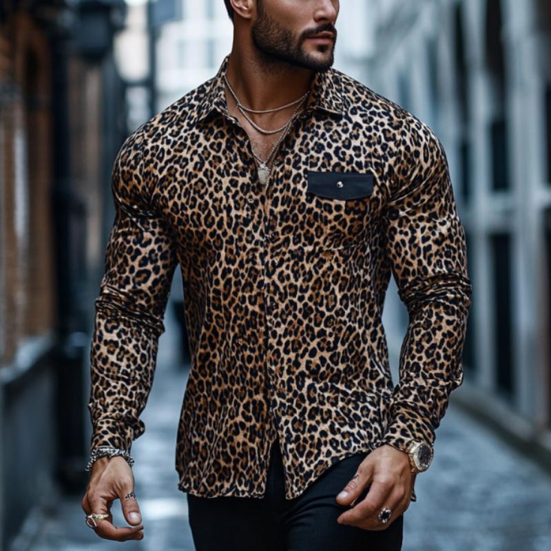 Men's Casual Fashion Print Leopard Pocket Slim Fit Long Sleeve Shirt 82339907K