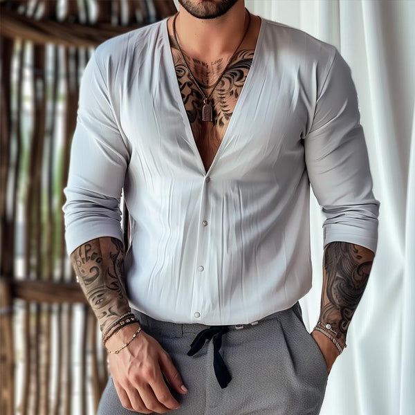 Men's Fashion Solid V Neck Long Sleeve Shirt 62739250Z