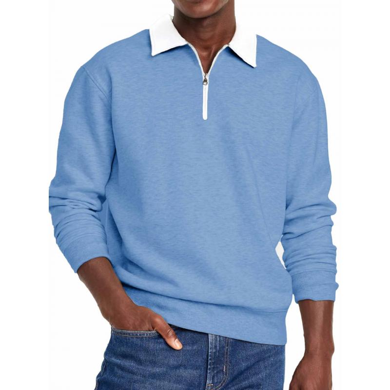 Men's Casual Half Zip Contrast Color Lapel Loose Long Sleeve Polo Shirt 93098285M