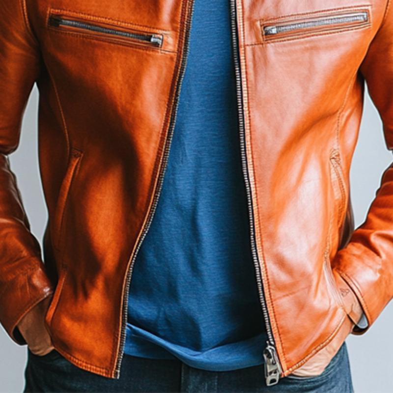 Men's Classic Casual Slim Stand Collar Leather Jacket 84240822K