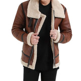 Men's Vintage Lambswool Warm Lapel Zipper Motorcycle Leather Jacket 90000653M