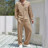 Men's Casual Notch Lapel Patch Pocket Long Sleeve Shirt Loose Pants Set 69267219M